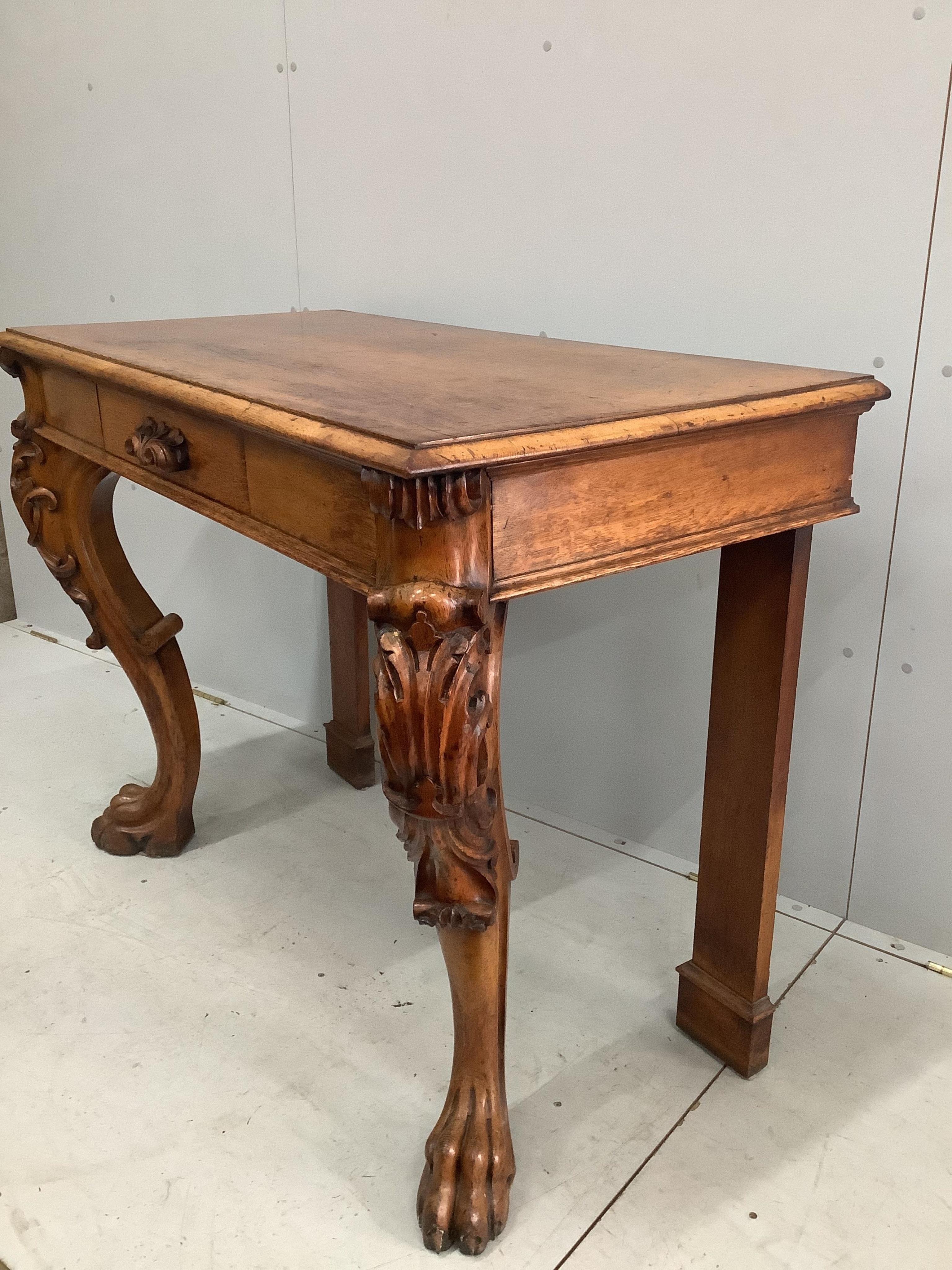 A Victorian golden oak serving table with frieze drawer, width 125cm, height 92cm. Condition - fair to good